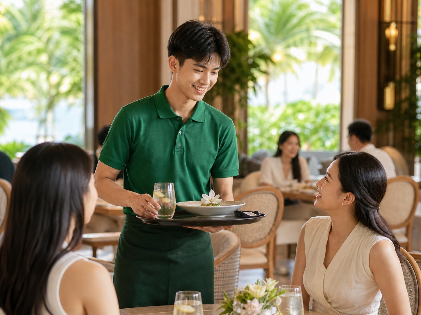 Sinh viên phục vụ khách trong nhà hàng resort