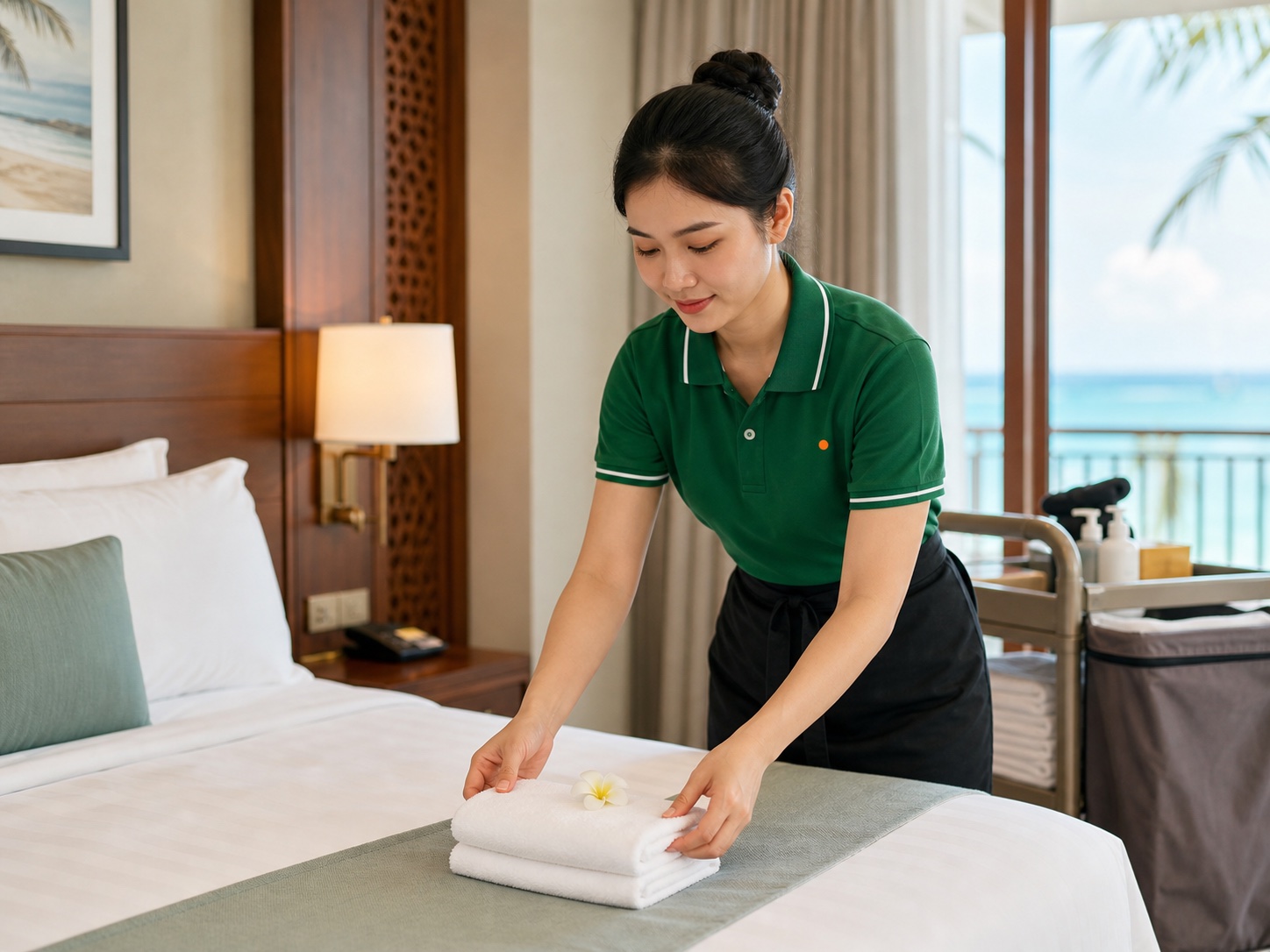 Sinh viên chuẩn bị phòng khách sạn và khăn trong khu nghỉ dưỡng