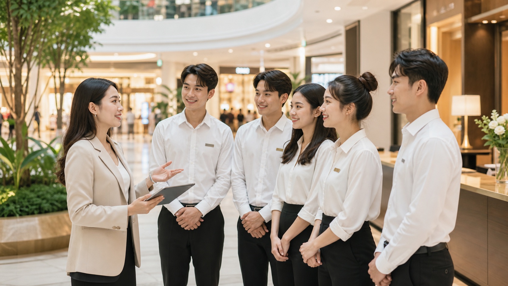 Điều phối viên hướng dẫn nhóm sinh viên làm việc thời vụ tại trung tâm thương mại