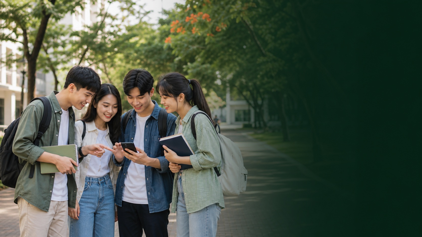 Nhóm sinh viên xem cơ hội làm việc trên điện thoại trong khuôn viên đại học